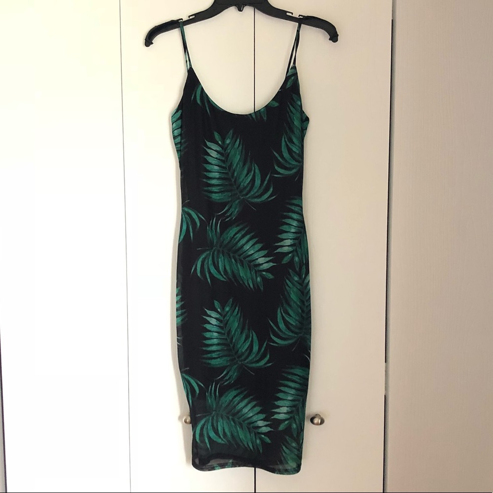 Black Palm Print Midi Dress